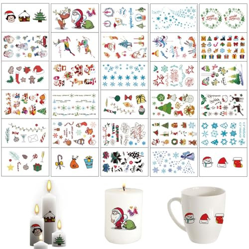 Ellxen 30 Stück Kerzentattoos Weihnachten Deko,Kerzensticker,Kerzentattoos,Bunt Weihnachten Tattoofolie Sticker,Wasserschiebefolie Kerzen,Für DIY Tasse Kerze Weihnachten Geschenk,DIY(B)