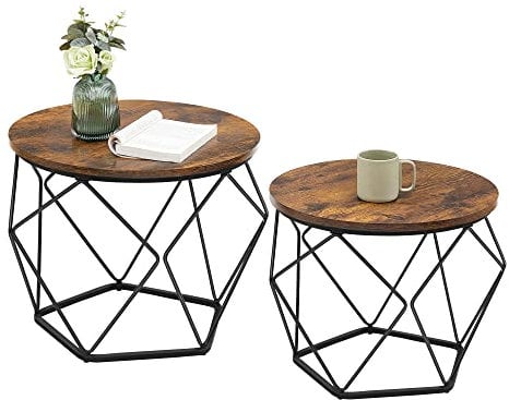 VASAGLE Couchtisch rund, 2er Set, Wohnzimmertisch, Beistelltisch, Vintage-Flair, abnehmbare Tischplatte, für Wohnzimmer, vintagebraun-tintenschwarz LCT041K01