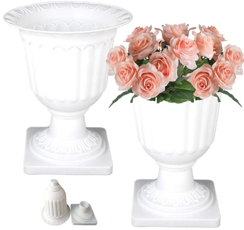 Urnes de jardinière de Jardin, Urn Planter 2pcs 13,8 Pouces en Plastique Blanc Jardin jardinière Urnes avec Vase de piédestal rétro de Fleur de Mariage Pot de Fleur