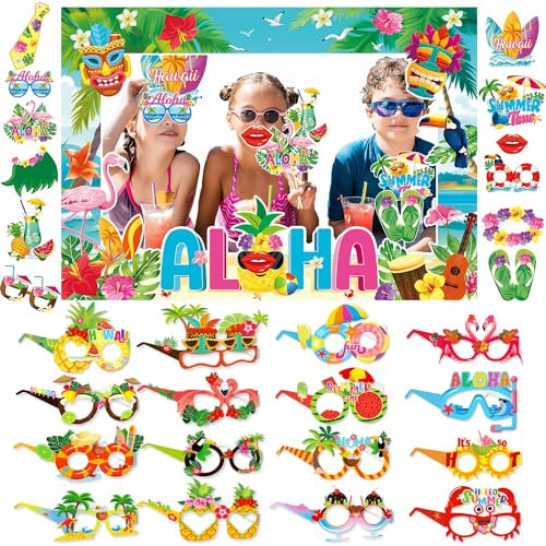 Tropical Luau Party Photo Booth Puntelli Decorazione, Decorazioni per feste in piscina a tema hawaiano, cornice gigante per selfie Aloha, occhiali divertenti hawaiani Luau Party Occhiali di carta per