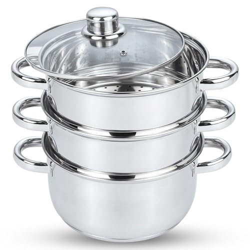 AKH HOUSEWARE 2 in 1 Stainless Steel Food Steamer Cooking Pots and Pans with Lid & Steam Vent 22cm 3 Tier Cookware Set 2.1 Litres All Hob Types Including Induction (Stainless Steel, 22CM)