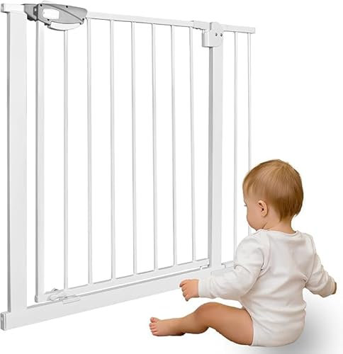 TWOLIIN Türschutzgitter Treppenschutzgitter ohne Bohren Treppengitter für Breiten 85-95 cm inkl 10 cm Verlängerung Türgitter aus Metall, Schließt automatisc, Einhändige Bedienung Weiß