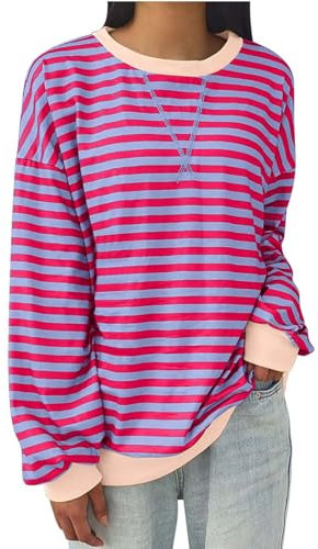 HAOLEI Damen T Shirt Top Modisch, Pullover Weich Und Bequem, Sonderangebot Sweatshirt Elegant Schick Pullunder Locker Lässig, Sweater Gestreift Farbblock Oberteil Rundhalsausschnitt Langärmelig