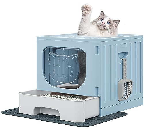 YITAHOME Cat Litter Box with Hood - Splash-Proof Enclosed Design, Large Pet Toilet with Removable Drawer & Scoop, Space-Saving Cat Tray (Blue)