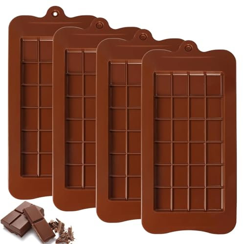 Rairsky 4pcs Silicone Chocolate Mould, Break-Apart Chocolate Moulds, Non-Stick Reusable Silicone Candy Molds, Easy Release Chocolate Bar Mould, DIY Baking Moulds, Fudge Ice Cube Energy Bar Molds