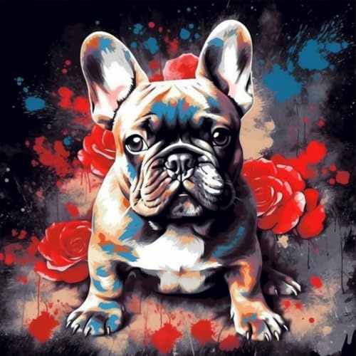 KANGBAWA Malen nach Zahlen für Erwachsene Französische Bulldogge mit Rose (1) DIY digitales Ölgemälde-Set auf Leinwand mit Pinseln und Acrylpigment Artwork für Heimdekoration 40 x 50 cm