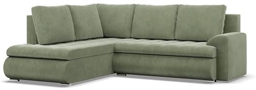 Mebligo - Ecksofa mit Schlaffunktion und 2 Bettkasten Cord - Grün 230x89x200 (BxHxT) FORESTA - Links Eckcouch, Sofas & Couches, Couch L Form, Cauchsofa, Sofa Wohnzimmer, Ecke Sofa