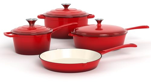 Kitchen Academy, Gusseisen Topf, 7-teiliges Set mit Dutch Ovens, Emailliertes Gusseisen-Kochgeschirr, Soßenpfanne, Pfanne, 3 Deckeln, Dutch Oven Set, Töpfe und Pfannen Set Antihaft, Rot
