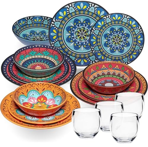 Melamin Geschirr Set Toskana Pastel für 4 Personen BUNT Camping Picknick