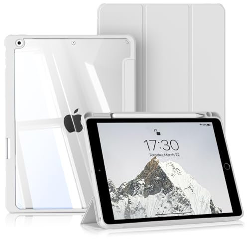 BQDIYOO Coque pour iPad 9e/8e/7e Générations 10.2 (2021/2020/2019), avec Support Pencil et Dos Rigide Transparent pour iPad 9/8/7 Fonction Réveil/Sommeil Automatique, Gris