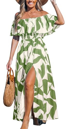 Cupshe - Robe d'été longue à volants et épaules dénudées, manches courtes, dos nu, corsage fendu, ourlet fendu, robe de plage, vert/blanc, Taille XL