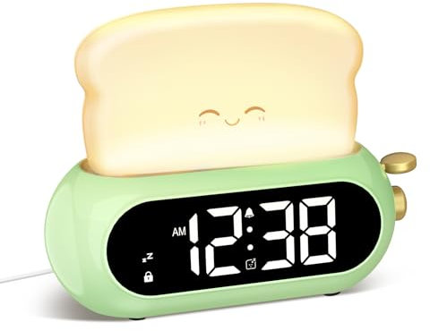 Digital Wecker Kinder, Kinderwecker mit Nachtlicht, LED Anzeige, 10 Klingeltöne, 5 Helligkeitsstufen, Timer, Snooze-Funktion, Lichtwecker für Schulanfänger Mädchen Jungen, Steckernetzteil (Grün)