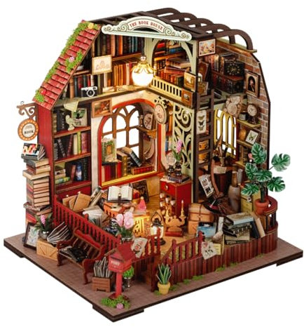 Maison de Poupée en Bois Miniature, Maison a Construire Kit,DIY Miniature House avec Meubles et Lumière LED, Cadeau de Bricolage pour Adultes Enfant(Pavillon du Livre)