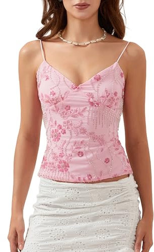 Women Sequin Sparkle Halter Crop Tops Y2k Pearl Embellished Cami Sexy Tank Tops Going Out Tops Party Clubwear (A-Pink, M)