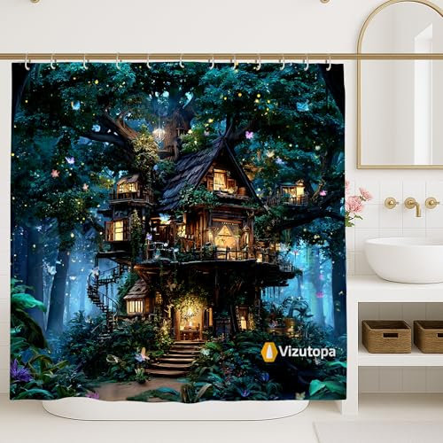 Enchanted Treehouse Shower Curtain, Magical Woodland Fantasy Bathroom Decor, Vibrant Green and Brown Nature Theme, Ideal for Spring Summer Style, Waterproof Fabric with Hooks 62x72 Inch