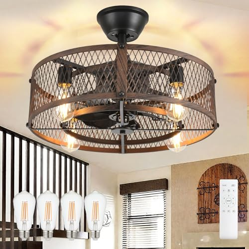 DINGLILIGHTING Ventilador de techo con jaula y luz: ventilador rústico de 20 pulgadas con luz y control remoto mediante aplicación móvil - Motor DC silencioso de nogal para dormitorio, cocina y salón