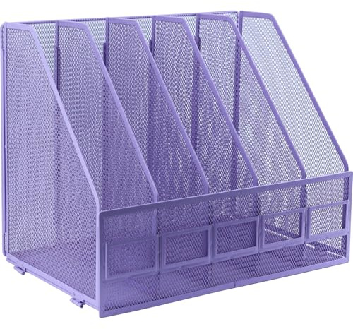IOUGDSEC A4 Aktenhalter, faltbares Bücherregal, 5 vertikale Fächer, Zeitschriftensammler, Schreibtisch-Organizer, Dokumentenmappe für Büro, Schule und Zuhause, Lila
