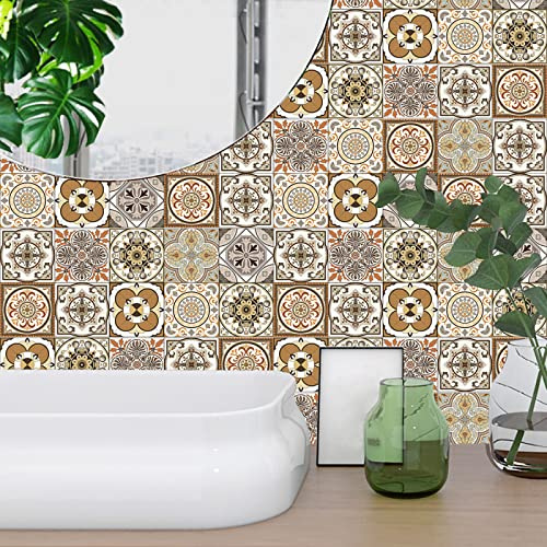 Baldosas Adhesivas Mandala Marrón Retro Suelo Vinilo Autoadhesivo Vinilo Impermeables Panel Revestimiento Ducha para Baño Cocina Gabinete Muebles Decoración Azulejos Adhesivos 15x15cm /10 Piezas