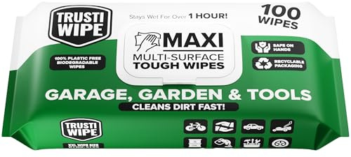 TRUSTIWIPE Heavy Duty Wipes Extra Large 30x25cm - Strong and Biodegradable | 100 Big Cleaning Wipes for Garage, Workshop, Cars, Garden & Tools – Industrial Strength Wipes for Grease, Grime, Oil & Dirt