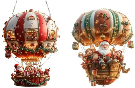 2 Stück Weihnachtsbaum-Ornamente, dekorativer Anhänger aus Acryl, flach, Wanddekoration, 2D, Heißluftballon, Weihnachtsmann, Anhänger für Garten, Hof, Essen, Schlafsaal, Wohnheim, Wohnzimmer, Haus