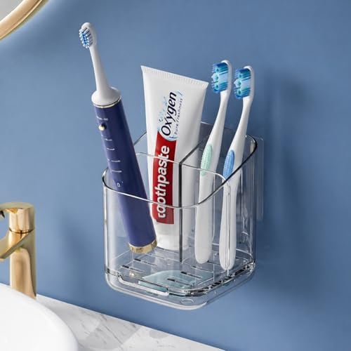 Porta Spazzolini da Muro Senza Foratura, Organizer Bagno a 3 Scomparti Rimovibile per Dentifricio, Portaspazzolino Elettrico da Parete o da Appoggio, Piccoli Contenitori per Bagno, Cucina e Ufficio