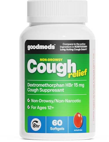 GoodMeds Cough Relief for Adults Softgels Dextromethorphan HBr (DXM) 15mg 8Hour, Non-Drowsy, Long-Lasting Bronchial Suppressant for Dry Cough and Chest Congestion (60 Count)