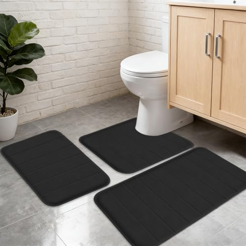 Piashow Badezimmerteppich Set 3 Teilig, Badteppich aus Memory Foam, rutschfest Saugfähig Badematte, Weich & Schnell Trocknend, Waschbar Maschine Badezimmer Vorleger (Schwarz)