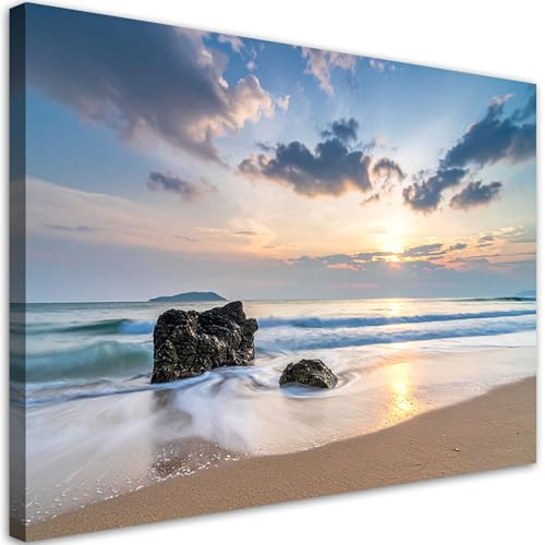 Feeby Leinwand Bilder - Bild Wohnzimmer - Strand Meer Sonnenuntergang - 90x60 1tlg - Deko Schlafzimmer Groß - Dekoration Canvas - Gemälde - Modern Wandbilder - Kunstdruck