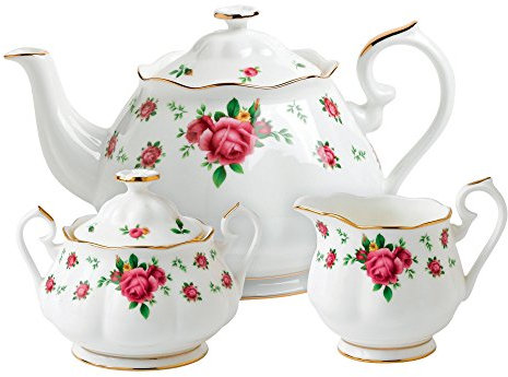 Royal Albert Modern Vintage NCRWTW25823 Teapot, Sugar, Cream 3 Piece Set, NCR, Bone China, 42 Ounces, Country Roses White