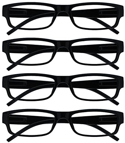 OPULIZE ACE Lesebrille für Damen und Herren - 4er-Pack - Schmaler Rechteckiger Rahmen - Komfort Federscharniere - Kratzfest - Schwarz UVR +2.50