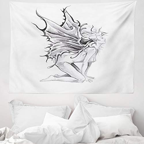 ABAKUHAUS Tätowierung Wandteppich, Bleistiftzeichnung Kunstdruck Akt Öffnen Seiner Engelsflügel Druck, aus Weiches Mikrofaser Stoff Wand Dekoration Für Schlafzimmer, 150 x 110 cm, Schwarz und Weiß