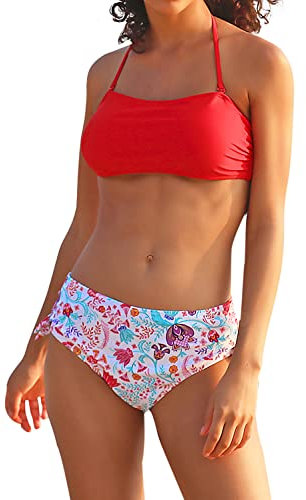 SHEKINI Costume da Bagno Donna Due Pezzi Imbottito Halter Regolabile Bandeau Bikini Top Costumi Due Pezzi Donna Vita Alta Controllo Addominale Bikini Fondo(M, Rosso Y)