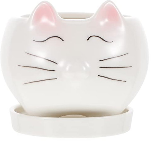 Yardwe Ceramic Small Succulent Pots Cat Shape Cute Succulent Planter Cactus Plant Pot Flower Pot for Home Office Desk