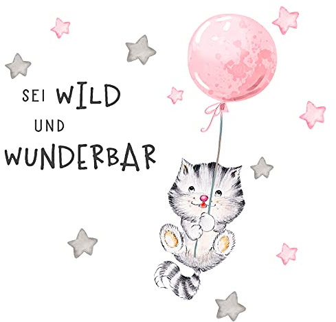 Little Deco Wandbilder Spruch sei wild & Katze I Wandbild 134 x 70 cm (BxH) I Luftballon Wandtattoo Aufkleber Kinderzimmer Mädchen Tiere Deko Babyzimmer Kinder DL315
