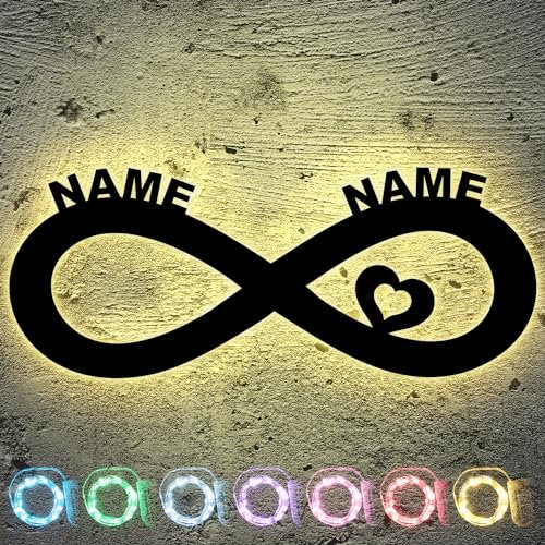 LEON FOLIEN LOVE Led Unendlichkeitszeichen mit Namen I Geschenke zum Jahrestag Hochzeit Verlobung Unendlichkeitszeichen In 7 MDF Holzfarben - Beleuchtung Geschenke Lampe Hochzeitsgeschenk