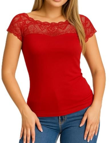 Mississhop 71 Damen Spitzenshirt Spitze Spitzen T-Shirt Bluse Shirt Langarmshirt Kurzarmshirt Rot/Kurzarm