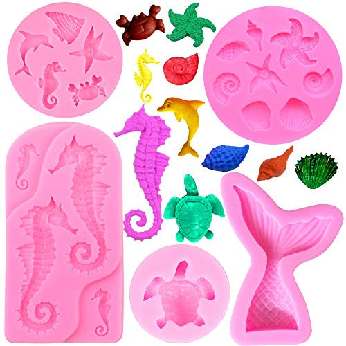 Nifocc - Moldes de silicona para decoración tartas, fondant, cola sirena, caballito mar, estrella concha moldes chocolate, caramelos, magdalenas, herramienta arcilla polimérica – 5 unidades