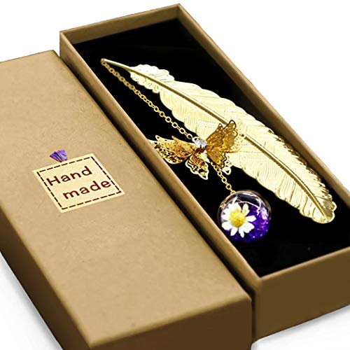 Vintage Stil Metall Feder Lesezeichen Geschenke, handgemachte 3D Schmetterling und getrocknete Blume Perle Charms, ein passendes Geschenk für Frauen, Mädchen, Lehrer und Leser.