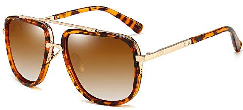Dollger Übergroße Quadratische Sonnenbrille für Männer Frauen Pilot Shades Gold Frame Retro Brille(Leopardenrahmen / Farbverlaufstee)