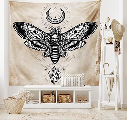 ABAKUHAUS Fantasie Wandteppich und Tagesdecke, Falke-Motte Schädel Magie aus Weiches Mikrofaser Stoff Waschbar ohne Verblassen Digitaldruck, 230 x 140 cm, Schwarz Creme