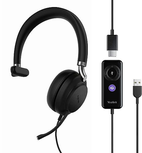 Yealink USB Headset UH38,Microsoft Teams Zertifizierte Mono/EIN Ohr Kopfhörer mit Noise Cancelling Mikrofon für VoIP Softphone/PC/Laptop/Mac/Handy,In-Line-Steuerung Eingebautes Bluetooth,USB-A Kabel