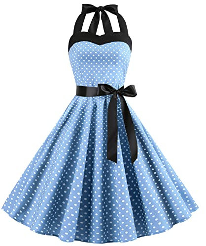IWEMEK Robe Vintage Années 50 Femme Retro Rockabilly Pin Up Élégante Robes sans Manche Dos Nu Décolleté en Cœur Polka Dot Trapèze Mariage Cocktail Soirée Fête Cérémonie Décontractée Midi Bleu Clair L