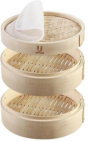 Handmade 8 inch Bamboo Steamer Basket with Reusable Cotton Liners - 2 Tier Multi-use Traditional Dumpling Steamer Food Steamer for Cooking Vegetables, Dim sum, Bao Buns, Fish Meat (8inch - 2 tier)