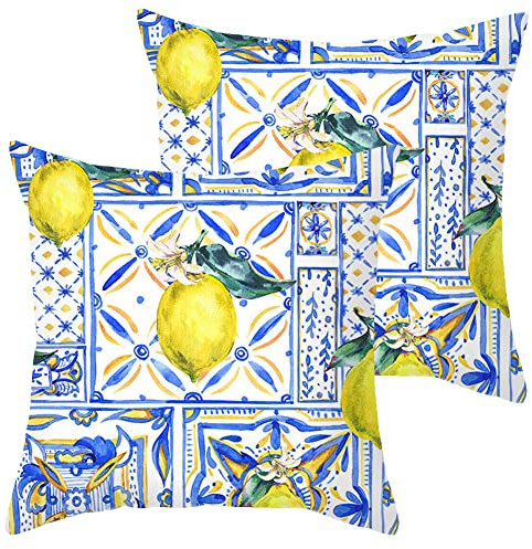 2er-Set Dekokissen Kissenbezüge 45x45 cm, Couchüberwurf, Taillenkissenbezug, Kissenbezug für Zuhause, Auto, dekorativ, Samt, Blaue Kacheln, gelbe Zitrone