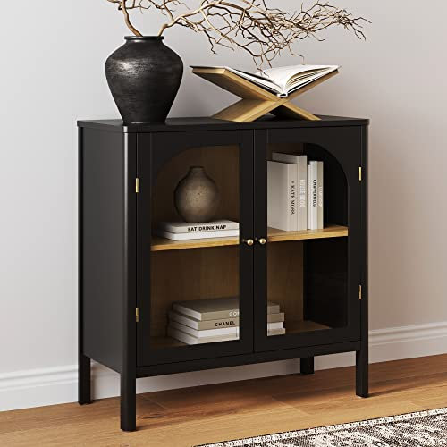 Nathan James Mason Aufbewahrungsschrank, freistehendes Akzent-Sideboard, Buffet, Credenza mit Glastüren und verstellbarem Regal aus schwarzem Eichenholz für Esszimmer, Eingangsbereich und Wohnzimmer,