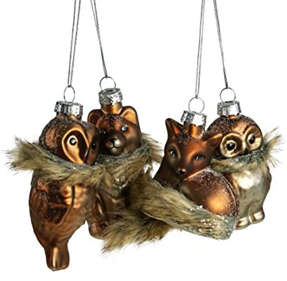 itsisa Baumschmuck Furry Forest Waldtiere Fuchs und Eule (4er Set) - Baumhänger, Christbaumschmuck, Weihnachtsbaumkugel