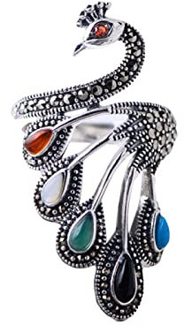 Pfau Ring, Offener Ring Damen Silber 925, Silber 925 Verstellbar Damenringe Damen Schmuck 925 Sterling Silber Fabelhafter Pfau Öffnen Ring Öffnung Ringe für Männer Frauen