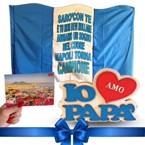 Idee Regalo Tifoso del Napoli - Decorazione Legno Papà 18cm + Bandiera Napoli 90x150cm( Sarò con Te) + Cartolina Napoli in Omaggio by NARAMAKI