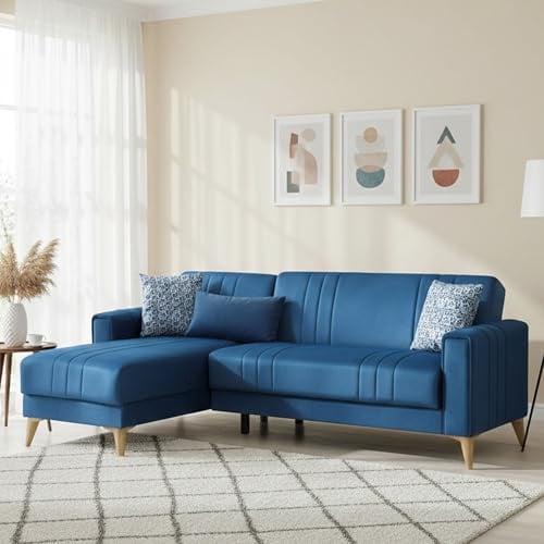 Dmora Schlafsofa mit Ottomane Miguel 225x151 cm blau Stauraum