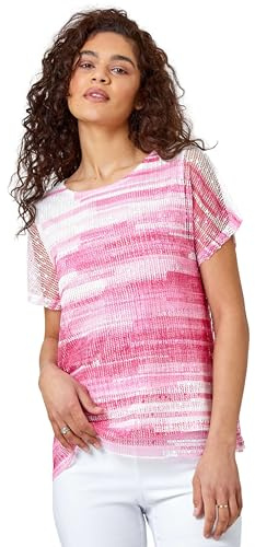 Roman Mesh Overlay Floral Print Blouse for Women UK - Ladies Smart Top Casual T-Shirt Summer Spring Flower Printed Mesh Layer Stretch Jersey Comfy Tee Shirt - Pale Pink - Size 12